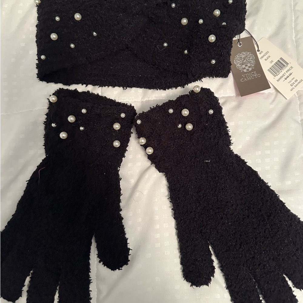New Vince Camuto Black Fuzzy Gloves and Headband Set